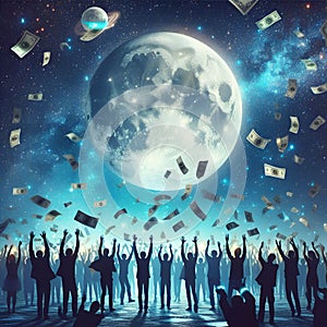 Silhouette of people rising hands, symbol of financial freedom, money investment, blue Sky, full moon, success, achievement