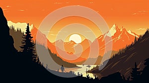 Silhouette Of People By River With Mountains In Warm Color Palette