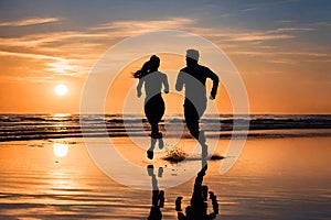 Silhouette of people running on a beach at sunset.