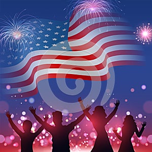 Silhouette of people`s character enjoying on wavy American flag with bokeh fireworks background.