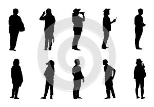 Silhouette people standing set, Black men and women vector on white background