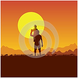 Silhouette of people on the sun background. Father and son camping. Spring family picnic trip. Summer travel with a child. Nature,