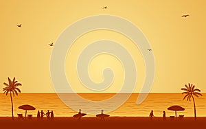 Silhouette people with surfboard on beach under sunset sky background in flat icon design