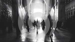 Silhouette of People Walk in a Mosque in the Style of Motion Blur Panorama
