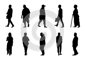 Silhouette people walking collection on white background, Black men and women vector