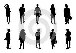 Silhouette people walking set, Black men and women vector on white background