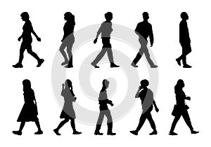 Silhouette people walking  set, Black men and women on white background