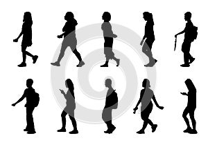 Silhouette people walking set on white background, Woman holding and playing phone