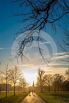 Silhouette of people walking towards sunset