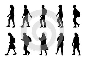 Silhouette people walking on white background, Lifestyle man and women  set