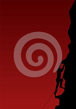 The silhouette of a persistent man climbing up the mountain. Red background with place for text.