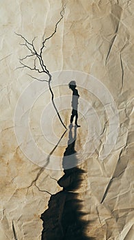 A silhouette of a person against a cracked wall, concept of plagiarism, identity theft, copy space on the right