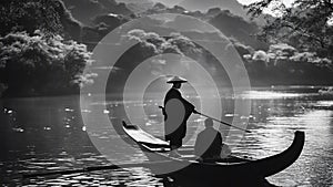 silhouette of a person in a boat black and white photo Boatman punting the boat at river. in autumn season along the river