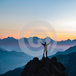 Silhouette of a person celebrating on mountain peak at sunrise