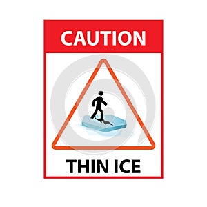 Silhouette of a person on a cracked ice floe with the text caution thin ice