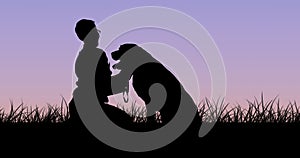 Silhouette person kneeling on grass while holding puppy at dusk against clear sky with copy space