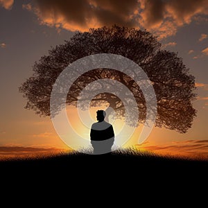 Silhouette of a person next to a tree photo