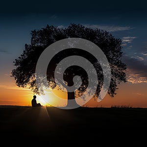 Silhouette of a person next to a tree photo