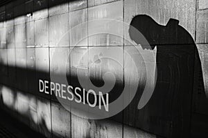 Silhouette of a person's shadow on a wall with the word DEPRESSION