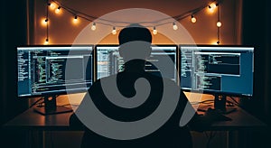 Silhouette of a Person Working on Multiple Computer Monitors Displaying Code in a Dark Room programmer