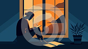 The silhouette of a person sitting by a window with warm sunlight streaming in jotting down things they are grateful for photo