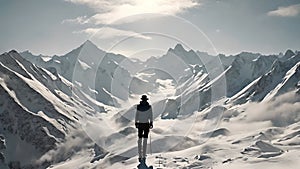 Silhouette of a person standing amidst vast snow-covered mountain peaks