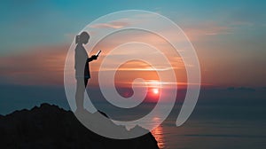 A silhouette of a person standing at the edge of a cliff with a tablet in hand looking out at a stunning sunset. On the