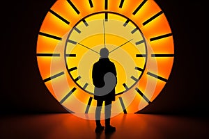 a silhouette of a person standing in front of a large clock