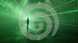 Silhouette of a person standing in green laser lights