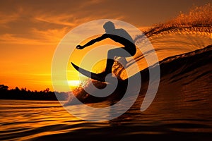 silhouette of a person surfing on the sea at sunset generative AI