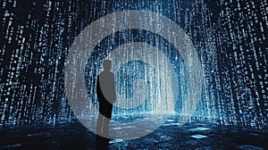 Silhouette of a Person Surrounded by Glowing Digital Code Rain