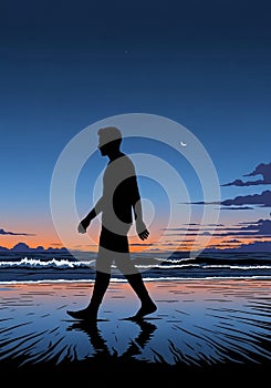 Silhouette of a person walking along a beach at twilight, with a calm ocean in the