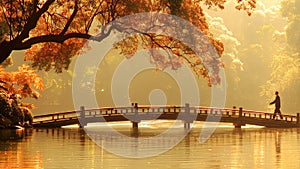 Silhouette of person walking on bridge, autumn trees in golden sunlight. Serene lake scene, reflection and tranquility