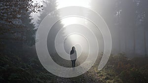 Silhouette Of A Person Walking Through A Misty Forest Path. Solitude And Tranquility In Nature