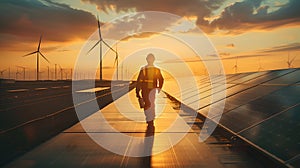 Silhouette of a person walking towards the sunset on a renewable energy farm with wind turbines and solar panels. Modern