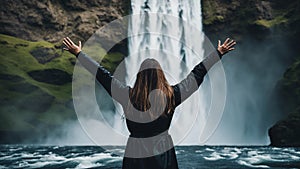 silhouette person water Horror brave girl who is desperately standing with her arms raised in front of the water wall of waterfall