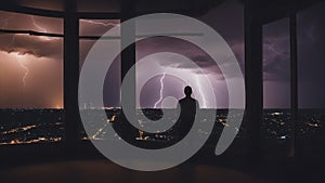 silhouette of a person in the window watching the lightning and thunderstorm flash with raining background from his window,