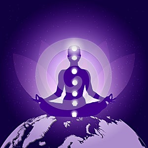 Silhouette of Person in yoga lotus asana sitting on planet Earth on dark blue purple background with lotus flower, seven chakras