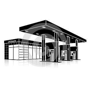 Silhouette petrol station with a small shop and reflection