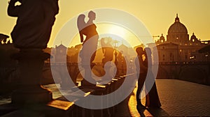 Silhouette photo of couple of romantic lover kiss at tourist attraction. AIG42.