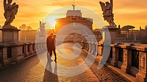 Silhouette photo of couple of romantic lover kiss at tourist attraction. AIG42.