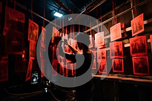 Silhouette of a photographer developing photos in a dark room. Man hanging printed photos in red lighted room. Old style