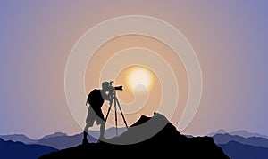 Silhouette of A Photographer, Mountain Top, Sunset
