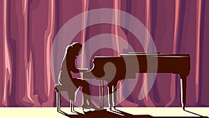 Silhouette pianist in concert hall in spotlight. photo