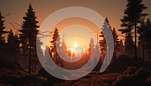 Silhouette of pine tree back lit by orange sunset sky generated by AI