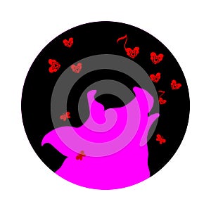 Silhouette of pink pig howling at the full moon, against the dark night sky. Vector illustration. Pagan totem for designers