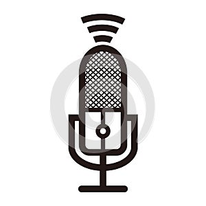 Silhouette of podcast microphone with connections or signal sign for broadcast, music icon, etc