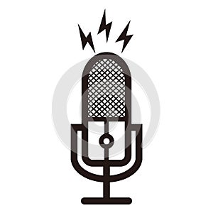 Silhouette of podcast microphone with lightning sign for broadcast, music icon, etc