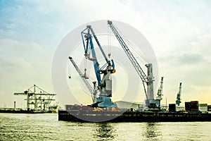 Silhouette of port cranes