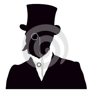 Silhouette portrait of elegant young man in victorian dress. Man in historical clothes with top hat and monocle.